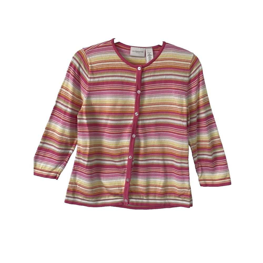 Liz Claiborne Cardigan Women Medium Petite Pink Orange Striped 3/4 Sleeve Sweate